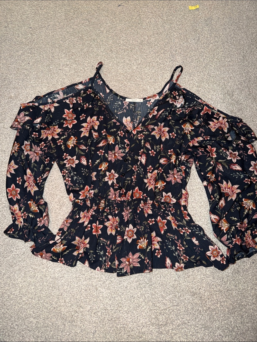 Le Lis Black Floral Cold-Shoulder Peplum Blouse